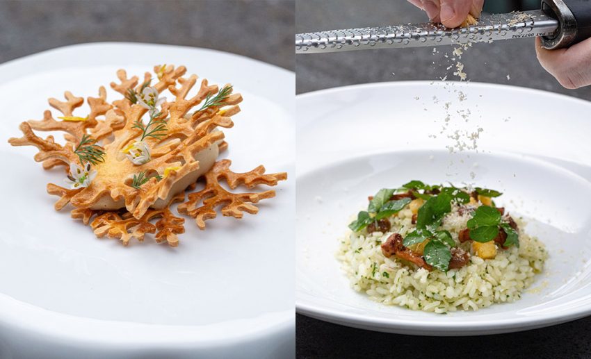 Left: Roasted Jerusalem Artichoke Skin. Right: Vialone Nano Risotto. (Courtesy of The St. Regis Kuala Lumpur.)