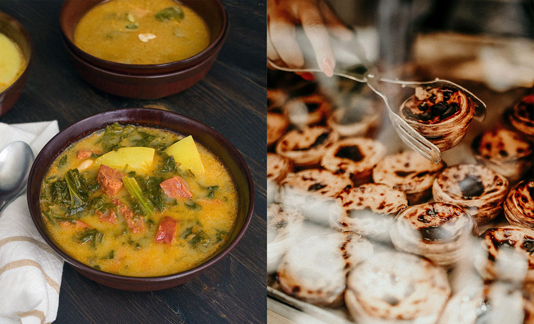 Traditional Portuguese food featuring a bowl of Caldo Verde (kale soup) and a plate of Pastéis de Nata (egg tarts), highlighting authentic seasonal festival cuisine in Portugal.