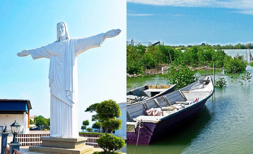 A white replica statue of Rio de Janeiro’s Christ the Redeemer standing as a landmark at the entrance of the Portuguese Settlement in Melaka (L), and traditional wooden fishing boats anchored in the calm coastal waters of the Straits of Malacca near the Portuguese Settlement (R).