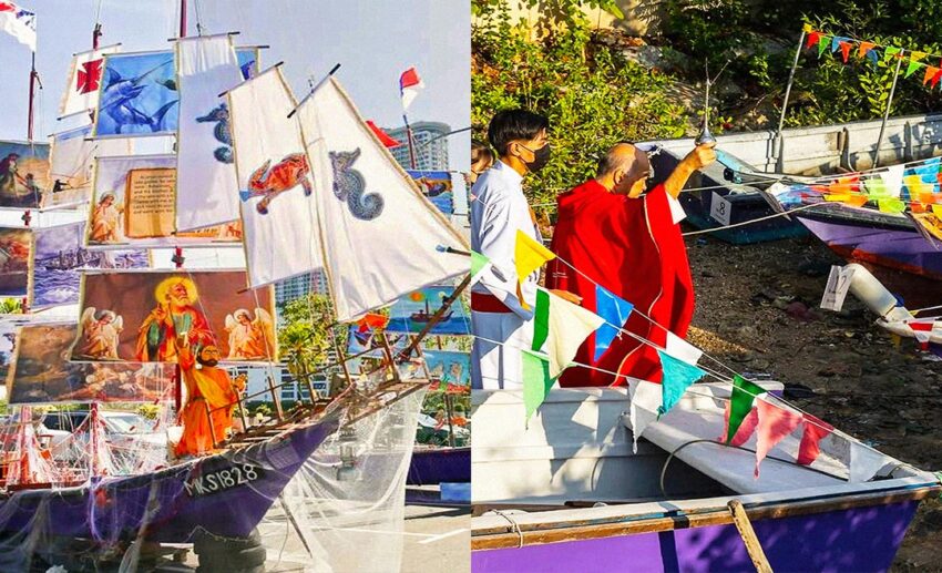 Colourful fishing boats decorated with flowers and flags for the San Pedro Festival procession at the Melaka Portuguese Settlement (L); A Catholic priest performing the traditional blessing of the fishing fleet, sprinkling holy water on decorated boats during the Fiesta San Pedro (R).