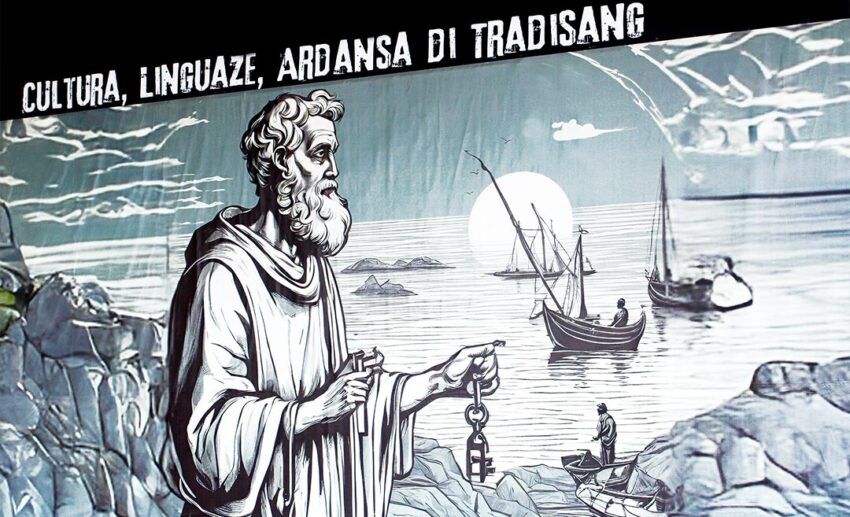 A religious painting of Saint Peter, the patron saint of fishermen, often displayed during heritage festivals in Melaka's Kristang community.