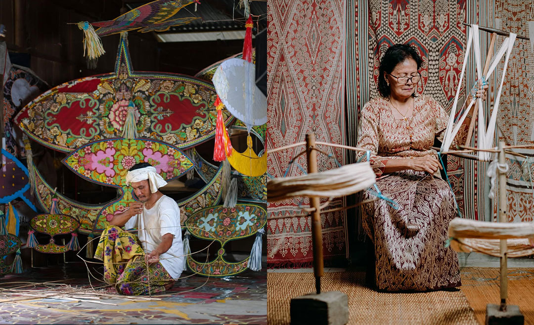 A two-image collage of Malaysian heritage crafts. Left: A master wau bulan crafter sitting with traditional moon kites at Galeri Wau Pak Sapie and Sons in Kelantan. Right: Iban master weaver Bangie anak Embol in Sarawak, proudly displaying a finished Pua Kumbu sacred textile.