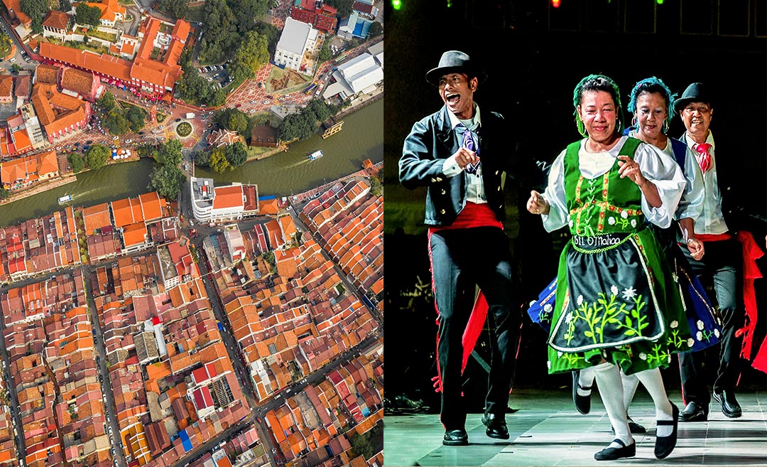 Aerial view of city buildings in Melaka city during daytime (L); Traditional dancers performing at the San Pedro Festival (R).