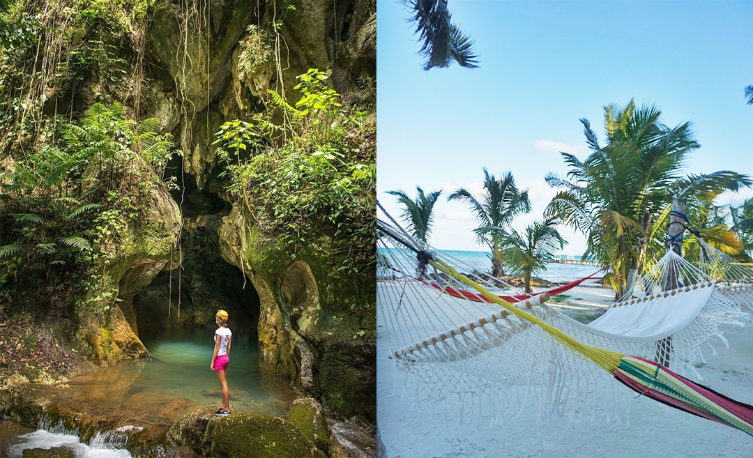 The spirit of a Belize adventure: (L) a woman spelunking in the limestone chambers of the ATM Cave; (R) a peaceful hammock swaying under palm trees on a Belizean beach.