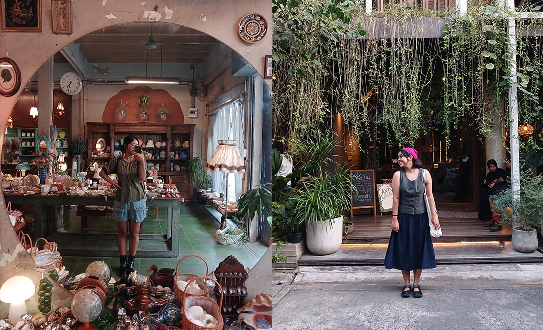 A two-image collage of Tirza Kanya, a solo woman traveller, standing in a vintage store mirror and outside a flower-decorated cafe in Bangkok.