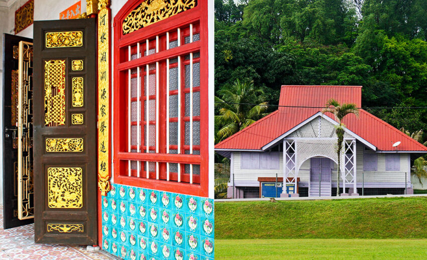 A collage of Taiping heritage: (Left) Detailed wooden carvings and ornate styling on a Chinese temple door; (Right) A historic colonial-era wooden building located near the town padang.