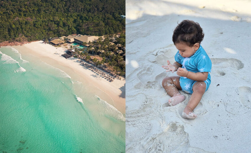 (Left) An aerial drone view showing the remote beauty of The Taaras Beach & Spa Resort in Pulau Redang; (Right) Danisha’s one-year-old son sitting on the beach curiously touching and playing with the soft white sand.