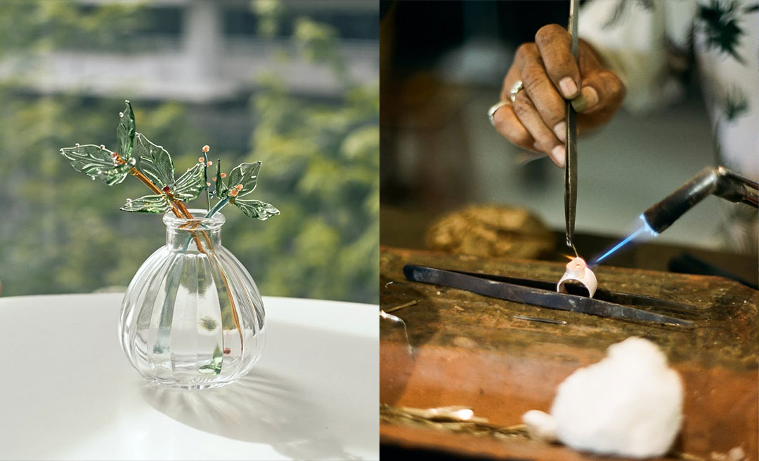 A two-image collage showcasing analogue travel experiences in Asia: (Left) A colourful finished glass lampwork piece from BearyLampwork in Selangor; (Right) A close-up of a silversmith’s hands crafting a silver jewellery piece at Alas Arum in Ubud, Bali.