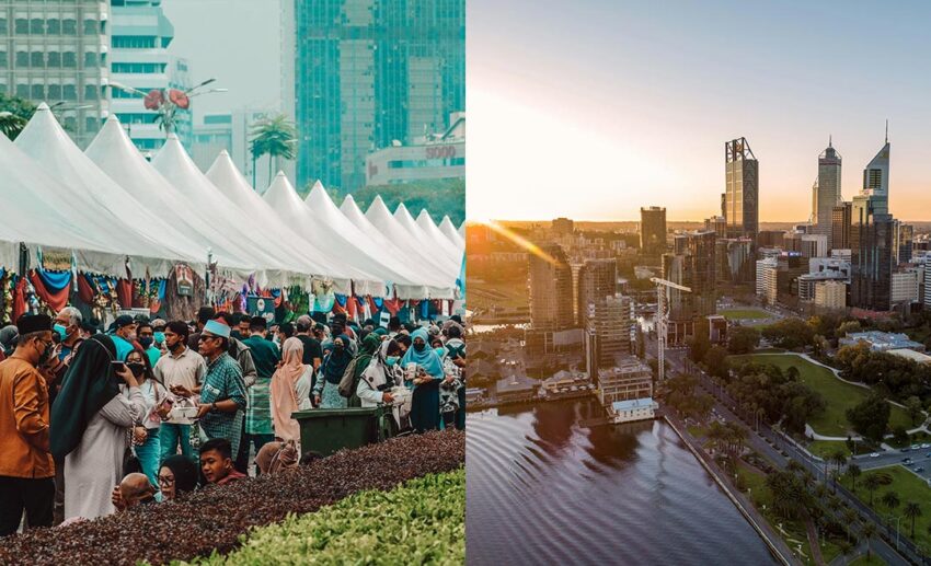 (Left) A crowded Merdeka Square in Kuala Lumpur during a busy festival with food stalls; (Right) The peaceful, sparse skyline of Perth City near the Swan River during golden hour.