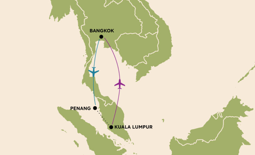 A map diagram illustrating an origin open jaw flight: flying from Kuala Lumpur to Bangkok, and returning from Bangkok to Penang.